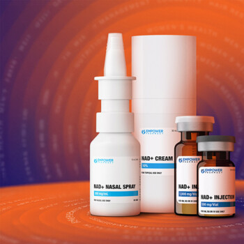 Four of Empower Pharmacy's NAD products lined up in a horizontal row.